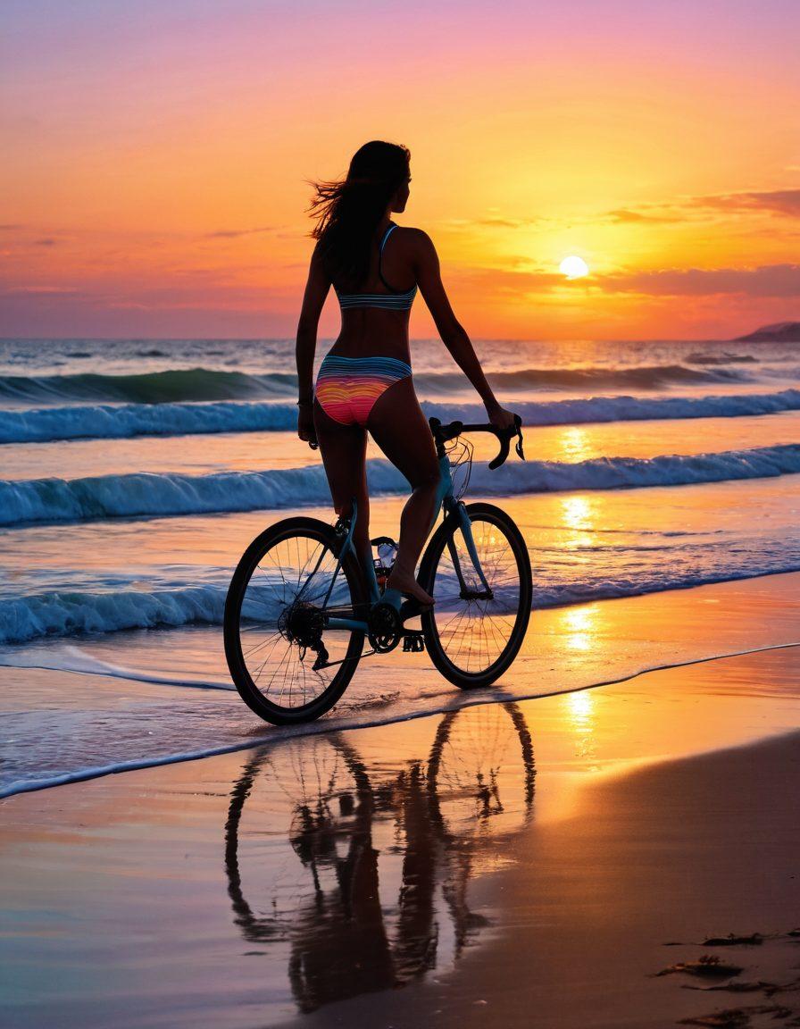 A melancholic summer cyclist in a vibrant bikini, riding along a sun-kissed shoreline with waves gently crashing around. The scene captures deep emotions with a dreamy sunset in the background, blending soft pastels and warm tones. Highlight the contrast between the energetic movement of cycling and the serene beach atmosphere. Elements of reflection and introspection, such as a calm ocean or a distant horizon, enhance the mood. super-realistic. vibrant colors. soft focus.