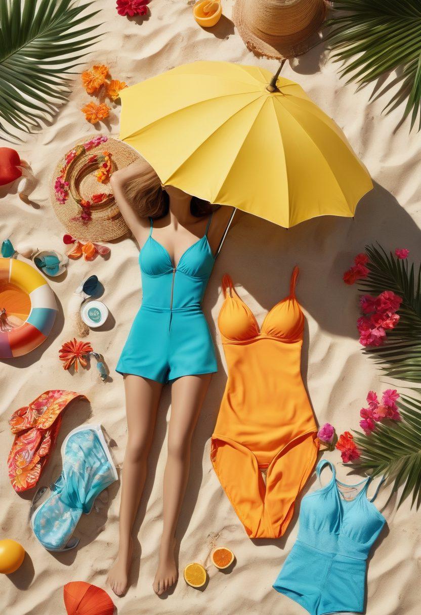 A stylish beach scene featuring a variety of elegant two-piece swimsuits displayed on mannequins, surrounded by cheerful beachgoers. Bright summer sunshine, soft waves lapping at the shore, and vibrant beach umbrellas create a lively atmosphere. Include elements like tropical flowers and a refreshing drink on a nearby table to evoke a sense of joy amidst the theme of navigating sadness. super-realistic. vibrant colors. summer aesthetic.