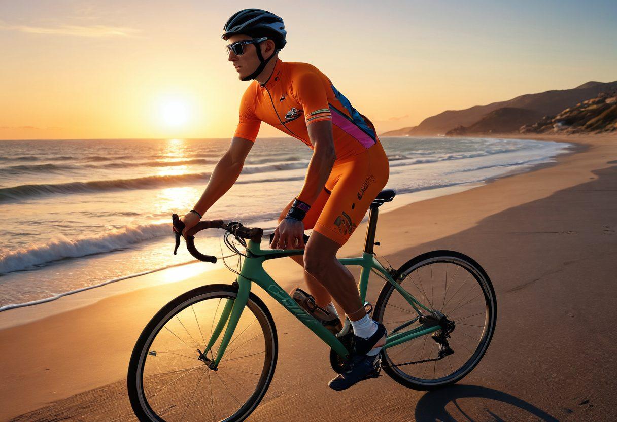A dynamic scene depicting a stylish cyclist wearing vibrant beachwear seamlessly transitioning to a sleek hyperbike against a backdrop of a sunlit beach and winding roads. Incorporate elements of fashion and cycling tech to emphasize the blend of style and performance. Include waves crashing on the shore and a sunset casting warm hues. super-realistic. vibrant colors. 3D.